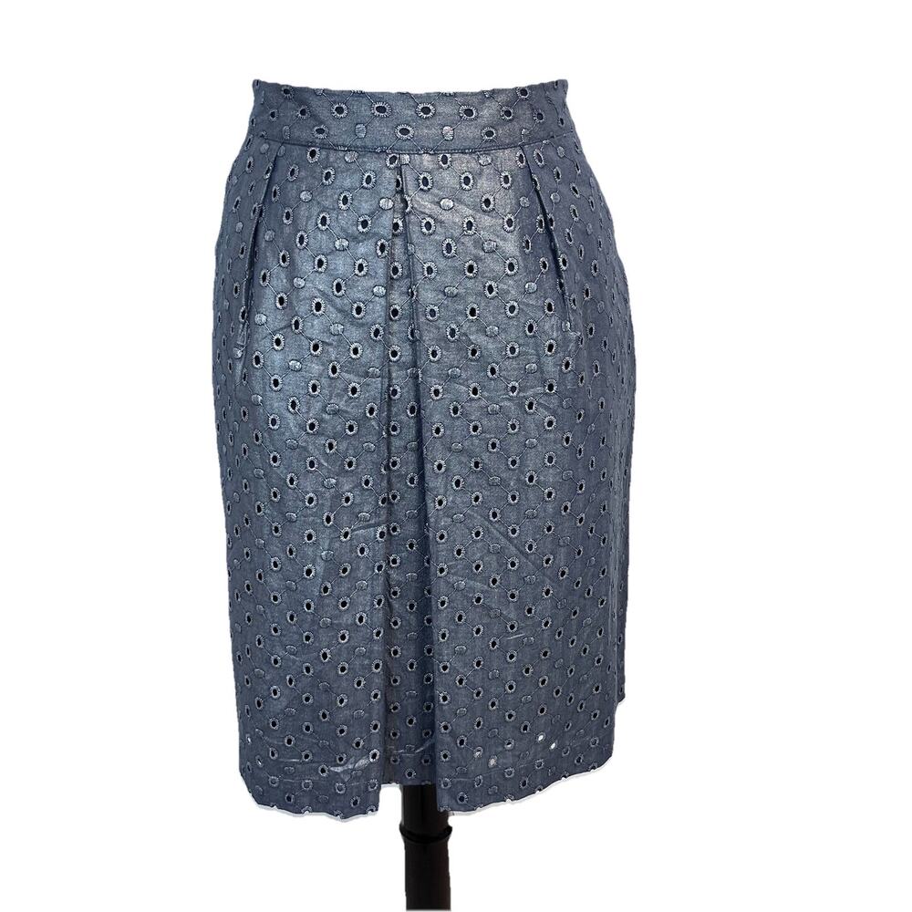 Boden Limited Edition Skirt sz 6 Denim Silver Eyelet Knee Pleated Modest Career